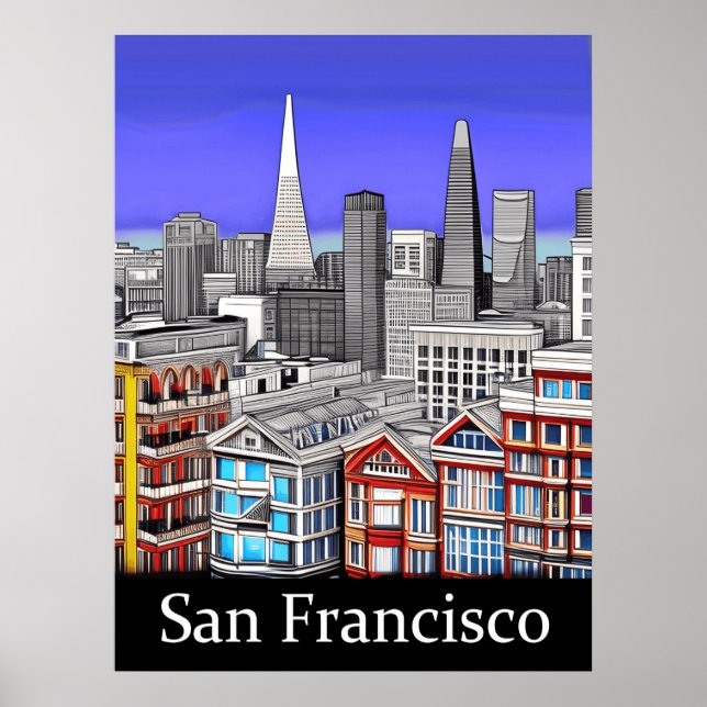 San Francisco Skyline Färgad Line Art Poster (Framsidan)