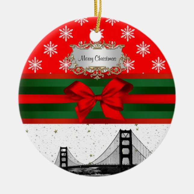 San Francisco Skyline Röd Snöflinga Jul Julgransprydnad Keramik (Framsidan)