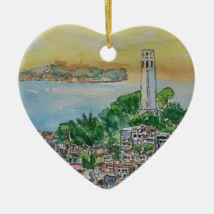 San Francisco skymningsolnedgång över det Coit Julgransprydnad Keramik
