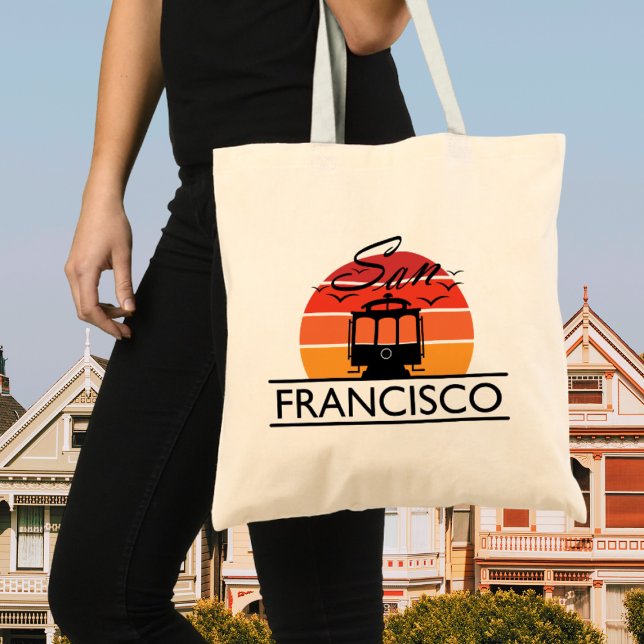 San Francisco-textdesign, Souvenir Tote Bag Tygkasse (San Francisco Tote Bag with cable car design)