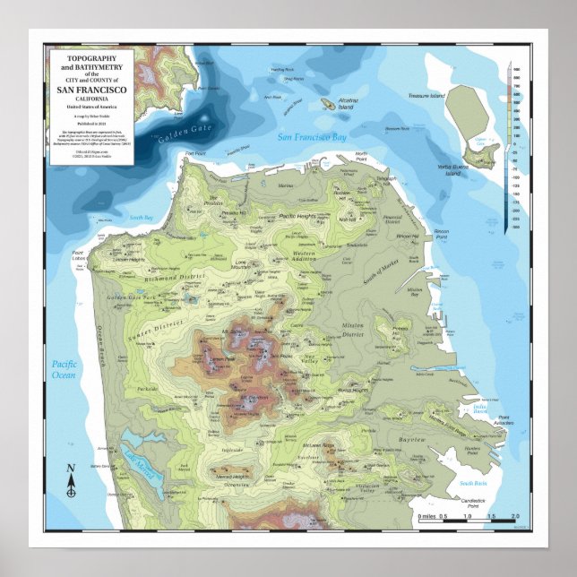 San Francisco Topografi och Karta Post i batymetri Poster (Framsidan)