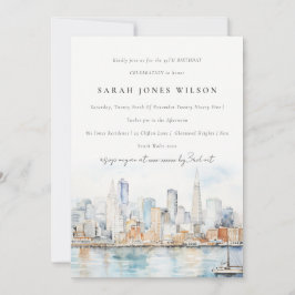 San Francisco Watercolor Landscape Birthday Inbjudningar
