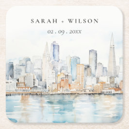 San Francisco Watercolor Landscape Wedding Underlägg Papper Kvadrat