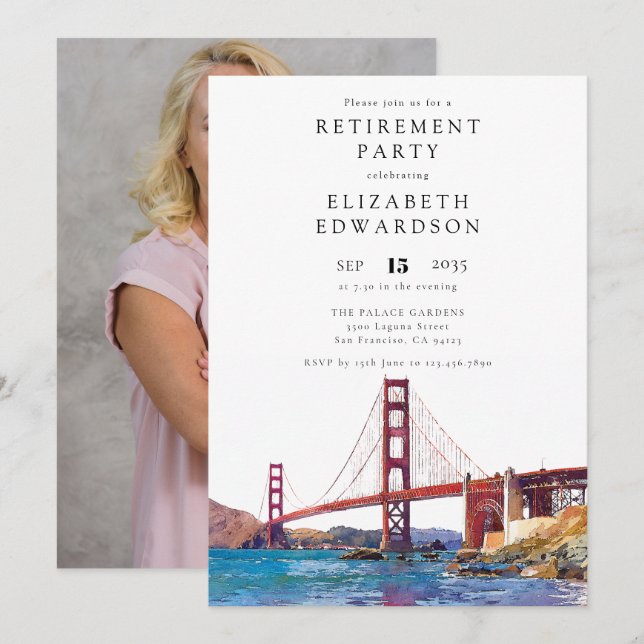 San Francisco Watercolor Pensionärsfest Foto Inbjudningar (Fram/baksida)