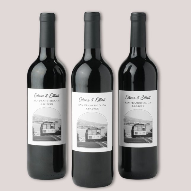 San Francisco Wedding Favor Black & White Vinflaska Etikett (San Francisco Wedding Favor Black & White Wine Label
)