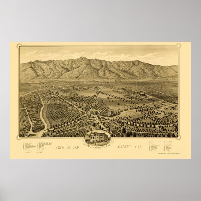 San Gabriel, CA Panoramic Karta - 1893 Poster (Framsidan)