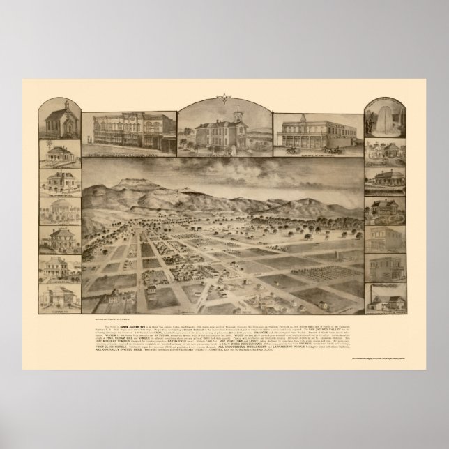 San Jacinto, CA Panoramic Karta - 1886 Poster (Framsidan)
