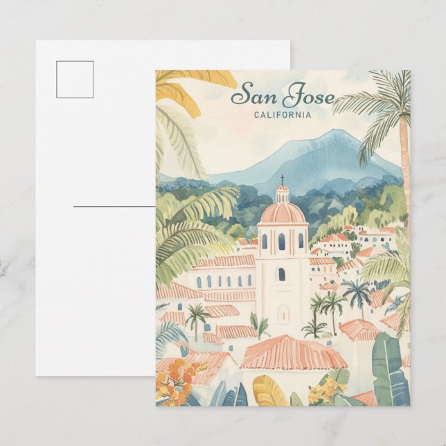 San Jose California Gouache Illustration Travel Vykort (Fram/baksida)