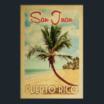 San Juan Handflatan Träd Vintage resor Poster<br><div class="desc">En unik,  medeltida modern San Juan Puerto Rico-konst i vintage resor poster stil. Den har en böjd handflatan träd på sandstranden med hav under ett blått grumligt himlar.</div>