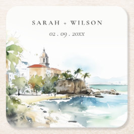 San Juan Puerto Rico Watercolor Landscape Wedding Underlägg Papper Kvadrat