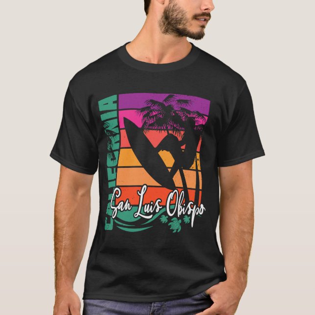 San Luis Obispo California Retro Sunset Beach Surf T Shirt (Framsida)