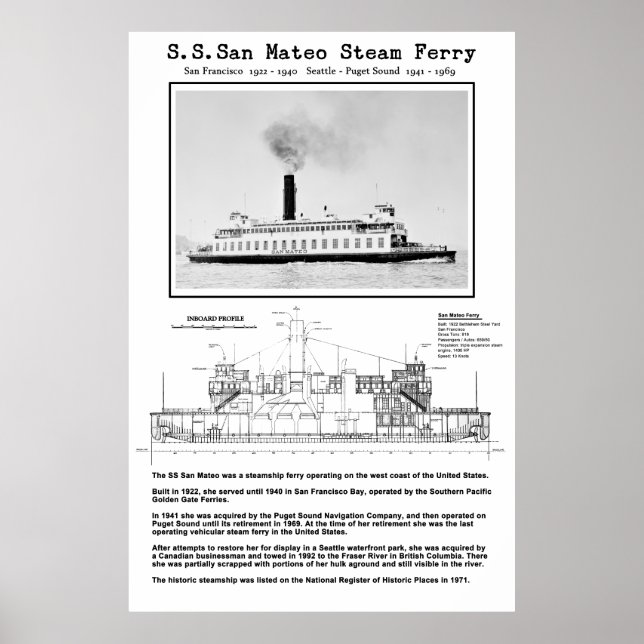 SAN MATEO Steam Ferry - 1922 - 1969 Poster (Framsidan)