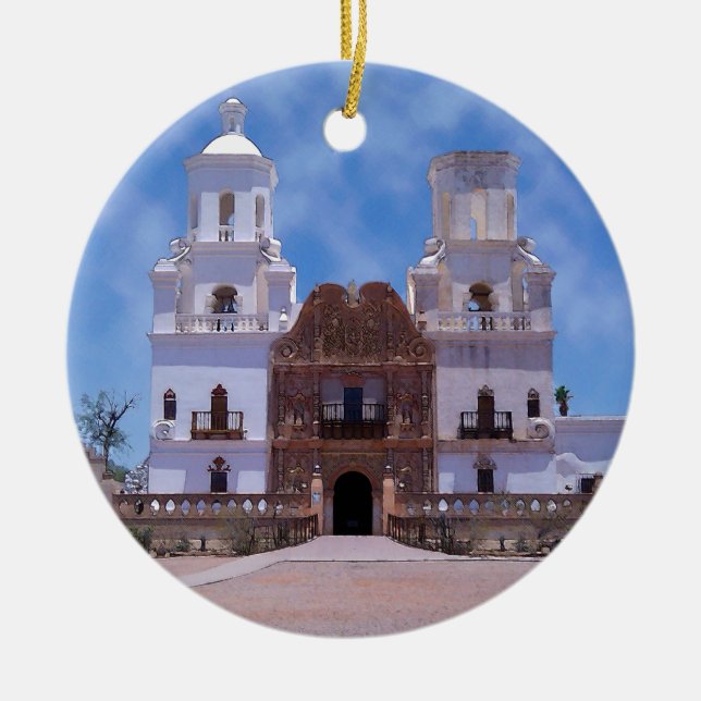 San Xavier del Bac Uppdrag - Tucson, AZ Julgransprydnad Keramik (Framsidan)