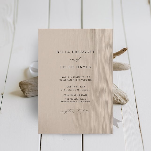 Sand Beach Ocean Elegant bröllop Inbjudningar (Coastal Wedding Invitation Elegant Modern Minimalist Driftwood Beach Ocean Sand Ecru Beige )