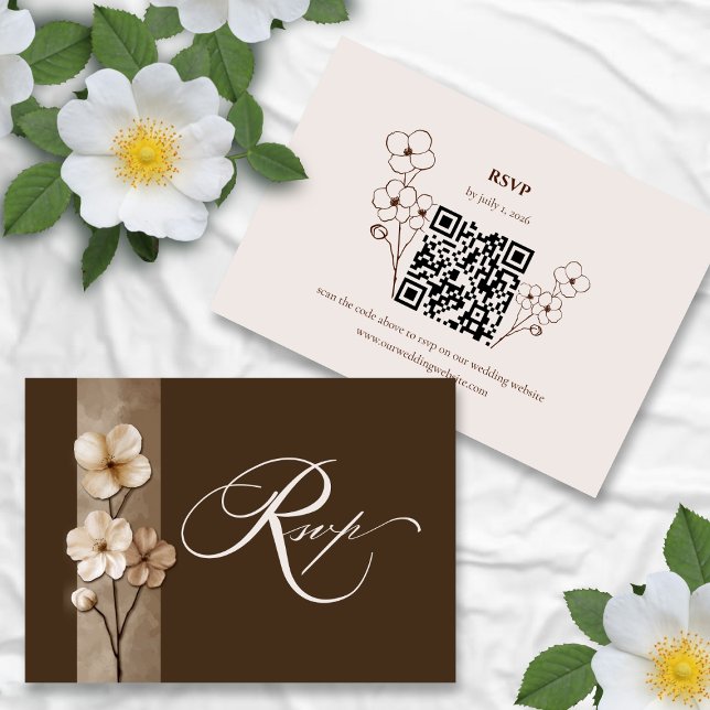Sand beige handritad blomster QR-kod RSVP OSA Kort (Skapare uppladdad)