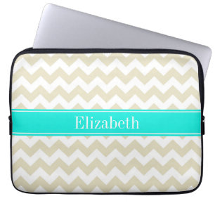 Sand Beige White Chevron Bright Aqua Namn Monogram Laptop Sleeve