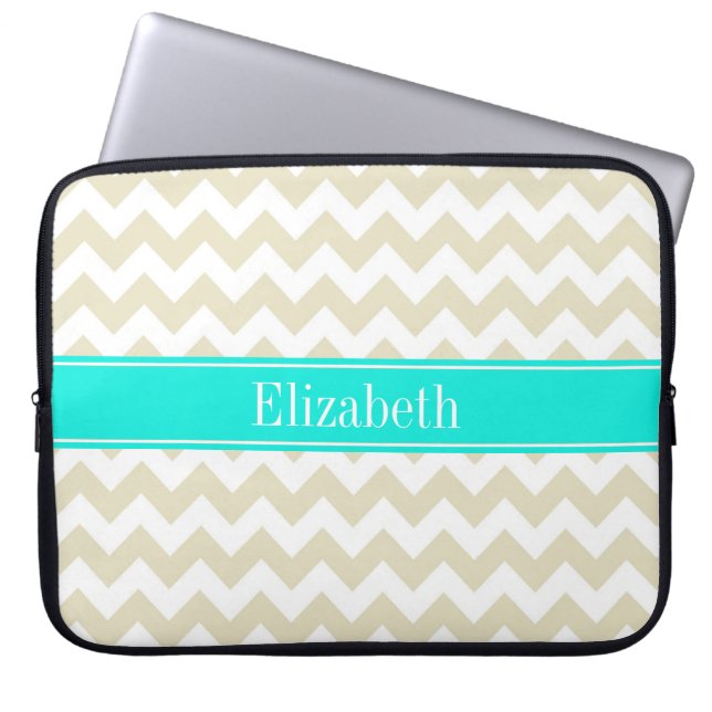 Sand Beige White Chevron Bright Aqua Namn Monogram Laptop Sleeve (Framsidan)