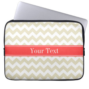 Sand Beige White Chevron Coral Red Namn Monogram Laptop Sleeve