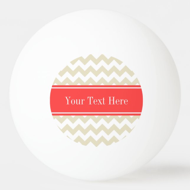Sand Beige White Chevron Coral Red Namn Monogram Pingisboll (Framsidan)