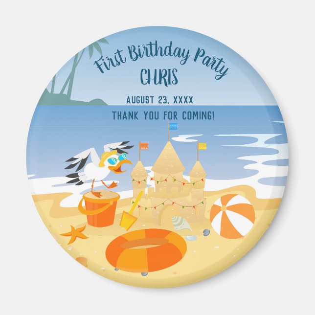 Sand castle-stranden roligt pojke födelsedagsfest magnet (Framsidan)