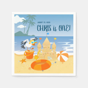 Sand castle-stranden roligt pojke födelsedagsfest pappersservett