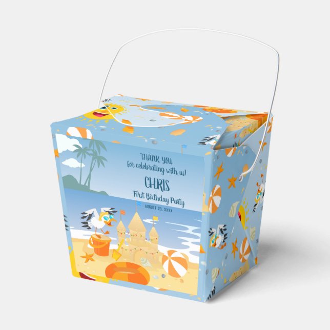 Sand castle-stranden roligt pojke födelsedagsfest presentaskar (Framsidan Sidan)