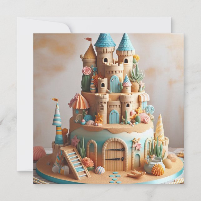 SAND CASTLE THEME CAKE BARNS FÖDELSEDAG INBJUDNINGAR (Framsida)