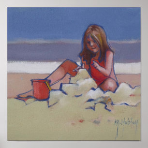 Sand Child Cute Little Girl leker på stranden Poster