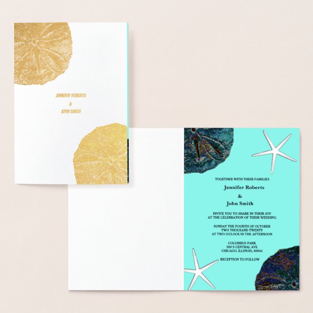 Sand Dollar Abstrakt Seashells Teal Beach Wedding Folierat Kort (Display)