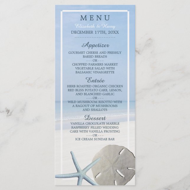 Sand Dollar and Starfish Beach Wedding Menu Meny (Framsida)