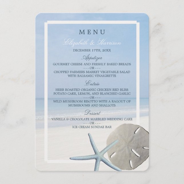 Sand Dollar and Starfish Beach Wedding Menu Meny (Framsida)