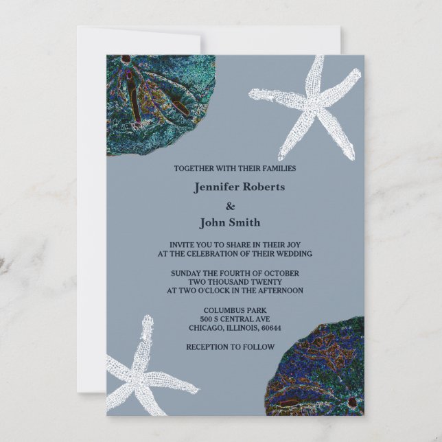 Sand Dollar Art Seashell Dusty Blue Beach Wedding Inbjudningar (Framsida)