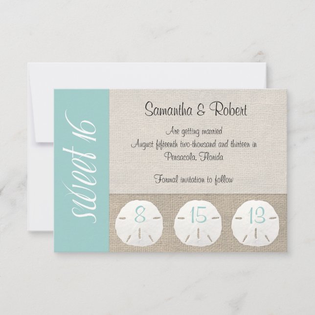 Sand Dollar & Burlap Sweet 16-inbjudan Spara Datumet (Framsida)