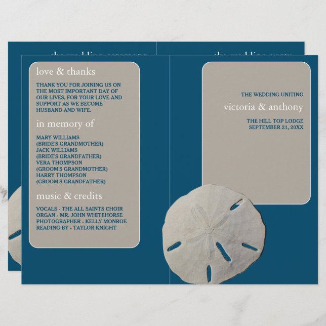 Sand-dollar, Ocean Blue Beach Wedding Program (Fram/baksida)