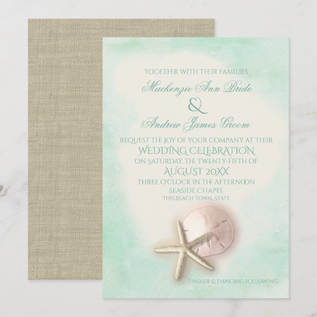 Sand Dollar och Starfish Aqua Mint Bröllop Inbjudningar (Fram/baksida)