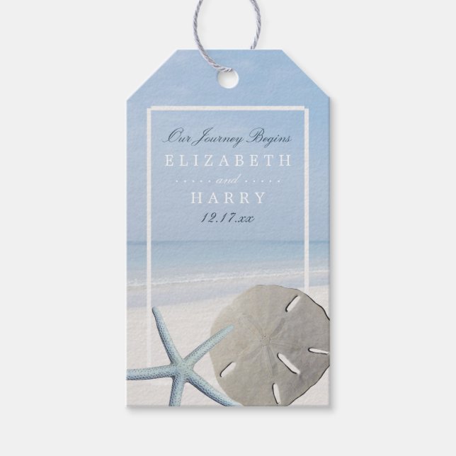Sand Dollar och Starfish Beach Wedding Presentetikett (Framsidan)