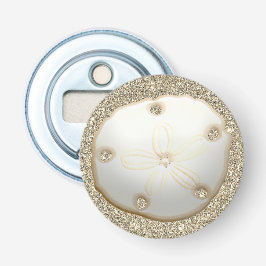 Sand-dollar på glatt guld-strand flasköppnare