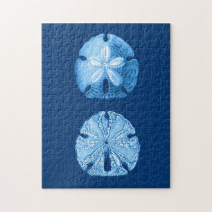 Sand Dollar Sea Life Print, Indigo Blue och White Pussel