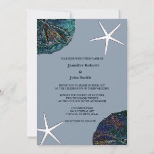 Sand Dollar Seashell Art Dusty Blue Beach Wedding Inbjudningar