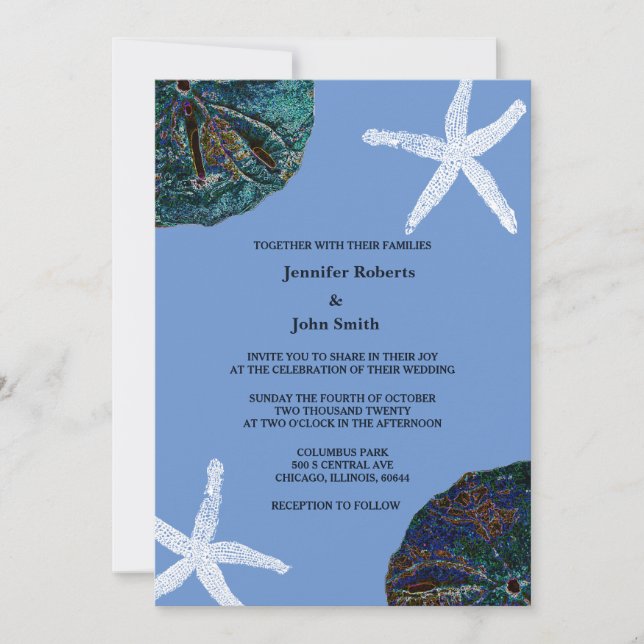 Sand Dollar Seashell Cornblomme Blue Beach Wedding Inbjudningar (Framsida)