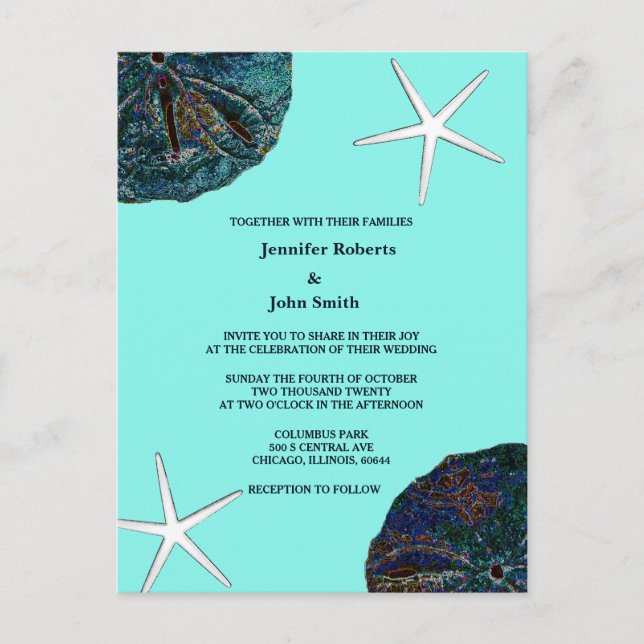 Sand Dollar Seashells Teal Abstrakt Beach Wedding Inbjudan Vykort (Framsida)