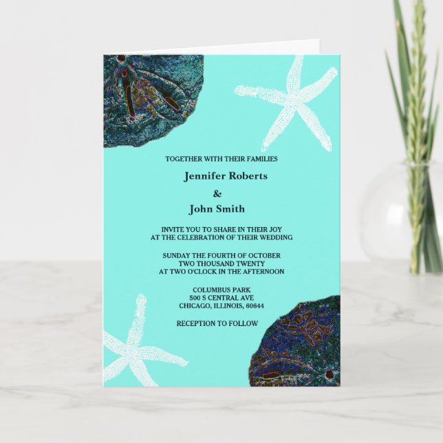 Sand Dollar Snäckors Teal Abstrakt Beach Wedding Inbjudan (Framsida)