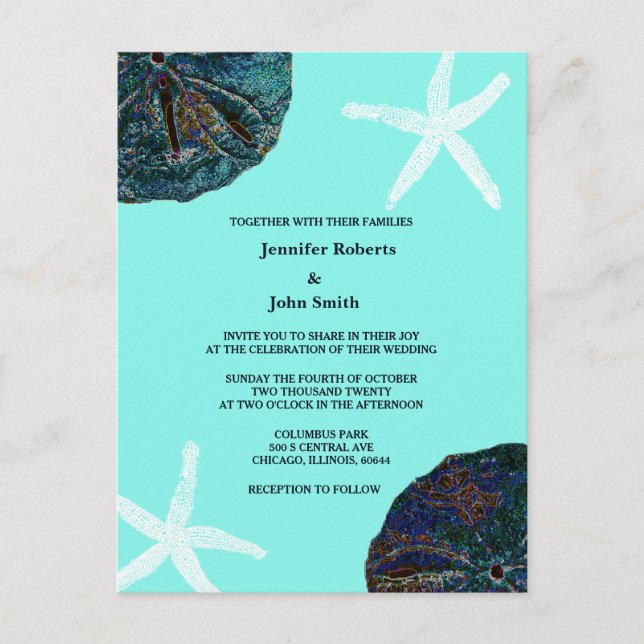 Sand Dollar Snäckors Teal Abstrakt Beach Wedding Inbjudan Vykort (Framsida)