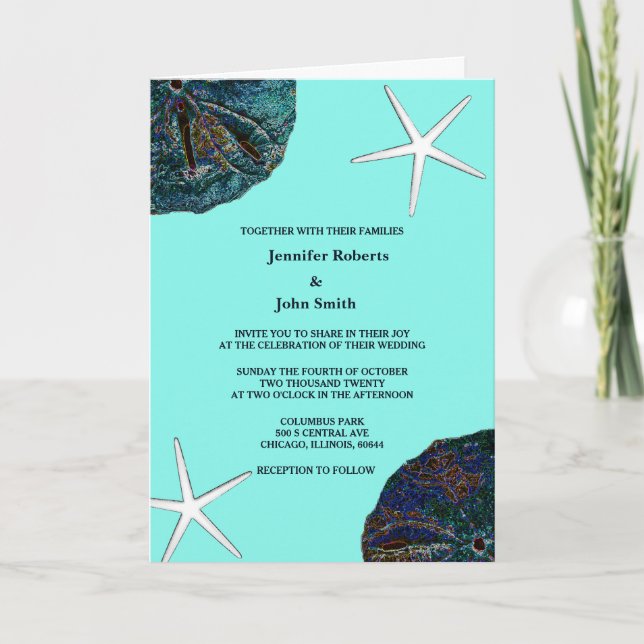 Sand Dollar Snäckors Teal Artsy Beach Wedding Inbjudan (Framsida)