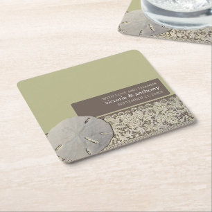 Sand-dollar Snöre, Vintage Beach Wedding Underlägg Papper Kvadrat