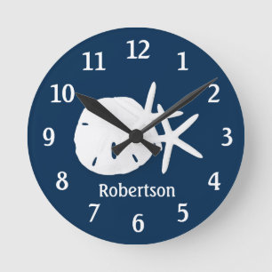 Sand Dollar Starfish Coastal Navy Blue Personalize Rund Klocka