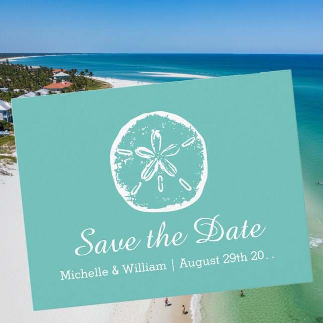 Sand-dollarns bröllop spara datumkort meddelande vykort (save the date beach wedding card with sand dollar logo)