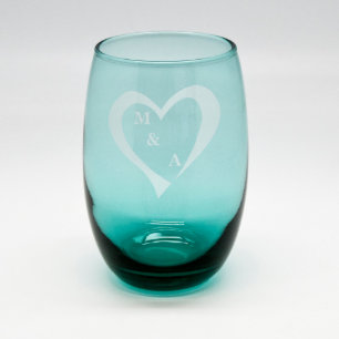 Sand Etched Aqua Heart Stemless Vin Glass