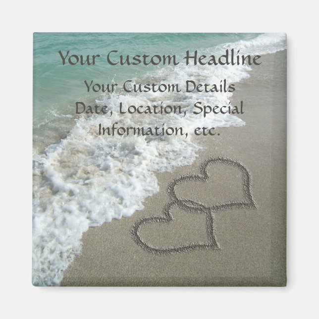 Sand Hearearts on Beach, Romantic Save the Date Magnet (Framsidan)