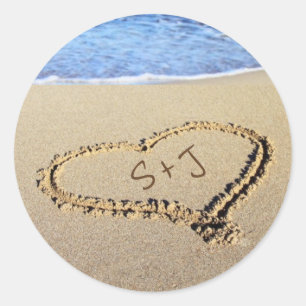 Sand Heart Initials Strand Bröllop Runt Klistermärke